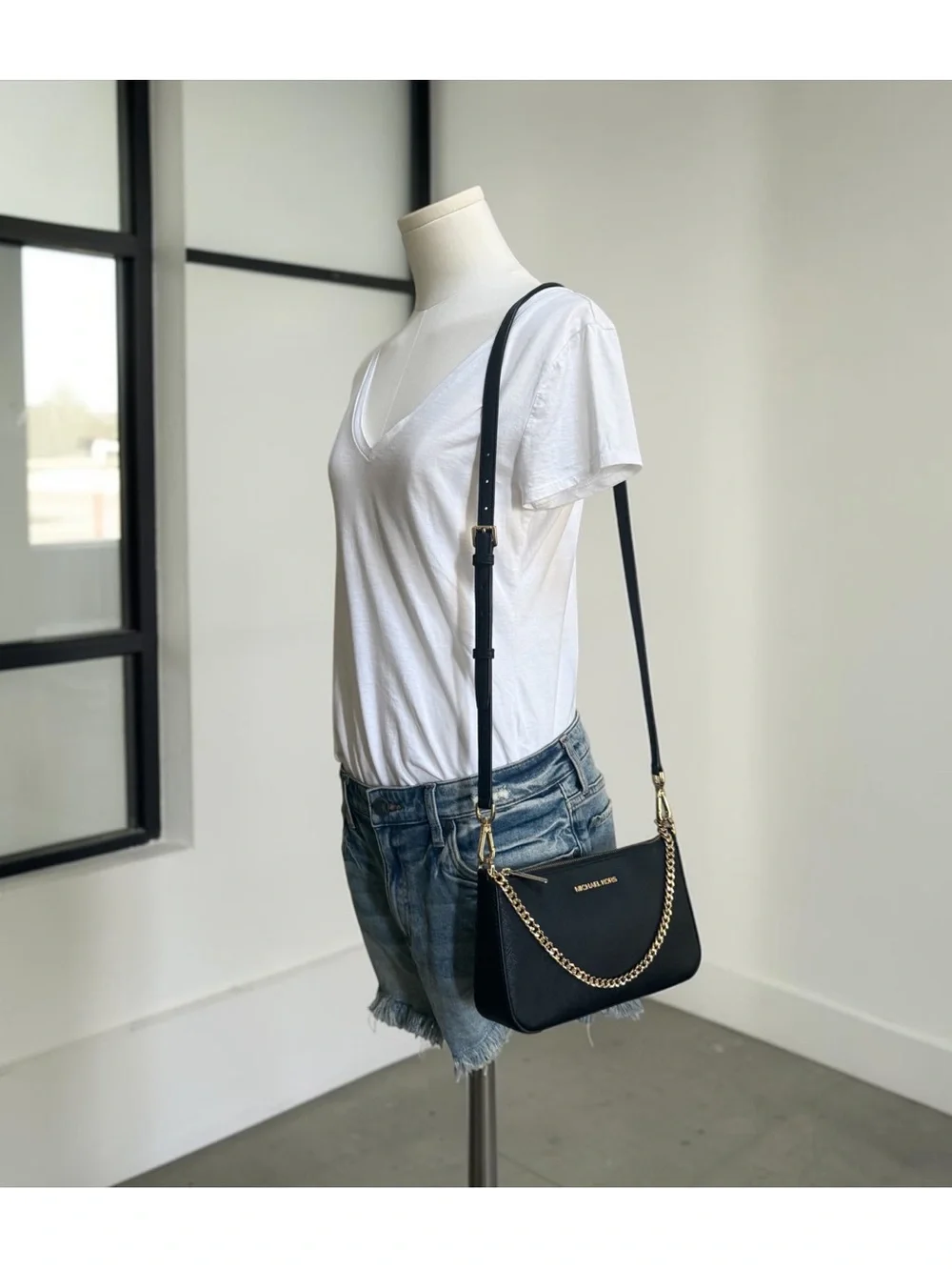 Michael Kors Black Saffiano Leather Convertible Crossbody with Gold Chain